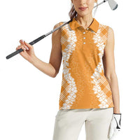 Hawaii Aloha Plumeria Lei Orange Palaka Women Sleeveless Polo Shirt - Polynesian Pride