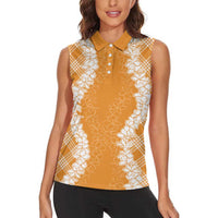 Hawaii Aloha Plumeria Lei Orange Palaka Women Sleeveless Polo Shirt - Polynesian Pride