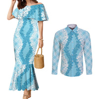 Hawaii Aloha Plumeria Lei Turquoise Palaka Couples Matching Mermaid Dress and Long Sleeve Button Shirt - Polynesian Pride