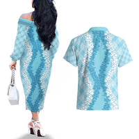 Hawaii Aloha Plumeria Lei Turquoise Palaka Couples Matching Off The Shoulder Long Sleeve Dress and Hawaiian Shirt - Polynesian Pride