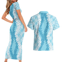 Hawaii Aloha Plumeria Lei Turquoise Palaka Couples Matching Short Sleeve Bodycon Dress and Hawaiian Shirt - Polynesian Pride