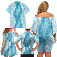 Hawaii Aloha Plumeria Lei Turquoise Palaka Family Matching Off Shoulder Short Dress and Hawaiian Shirt - Polynesian Pride