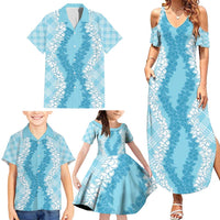 Hawaii Aloha Plumeria Lei Turquoise Palaka Family Matching Summer Maxi Dress and Hawaiian Shirt - Polynesian Pride