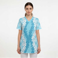 Hawaii Aloha Plumeria Lei Turquoise Palaka Scrub Top - Polynesian Pride
