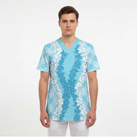 Hawaii Aloha Plumeria Lei Turquoise Palaka Scrub Top - Polynesian Pride