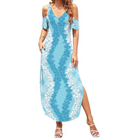 Hawaii Aloha Plumeria Lei Turquoise Palaka Summer Maxi Dress - Polynesian Pride