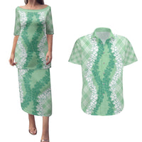 Hawaii Aloha Plumeria Lei Mint Palaka Couples Matching Puletasi and Hawaiian Shirt - Polynesian Pride
