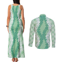 Hawaii Aloha Plumeria Lei Mint Palaka Couples Matching Tank Maxi Dress and Long Sleeve Button Shirt - Polynesian Pride