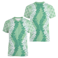 Hawaii Aloha Plumeria Lei Mint Palaka Women V-Neck T-Shirt - Polynesian Pride