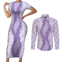 Hawaii Aloha Plumeria Lei Lavender Palaka Couples Matching Short Sleeve Bodycon Dress and Long Sleeve Button Shirt - Polynesian Pride