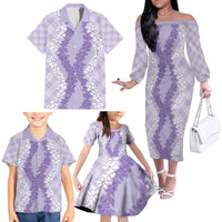 Hawaii Aloha Plumeria Lei Lavender Palaka Family Matching Off The Shoulder Long Sleeve Dress and Hawaiian Shirt - Polynesian Pride