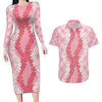 Hawaii Aloha Plumeria Lei Pink Palaka Couples Matching Long Sleeve Bodycon Dress and Hawaiian Shirt - Polynesian Pride