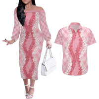 Hawaii Aloha Plumeria Lei Pink Palaka Couples Matching Off The Shoulder Long Sleeve Dress and Hawaiian Shirt - Polynesian Pride