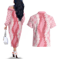 Hawaii Aloha Plumeria Lei Pink Palaka Couples Matching Off The Shoulder Long Sleeve Dress and Hawaiian Shirt - Polynesian Pride