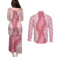 Hawaii Aloha Plumeria Lei Pink Palaka Couples Matching Puletasi and Long Sleeve Button Shirt - Polynesian Pride