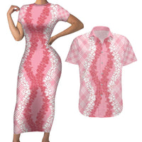 Hawaii Aloha Plumeria Lei Pink Palaka Couples Matching Short Sleeve Bodycon Dress and Hawaiian Shirt - Polynesian Pride