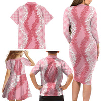 Hawaii Aloha Plumeria Lei Pink Palaka Family Matching Long Sleeve Bodycon Dress and Hawaiian Shirt - Polynesian Pride