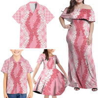 Hawaii Aloha Plumeria Lei Pink Palaka Family Matching Off Shoulder Maxi Dress and Hawaiian Shirt - Polynesian Pride