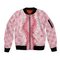 Hawaii Aloha Plumeria Lei Pink Palaka Sleeve Zip Bomber Jacket - Polynesian Pride