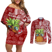 Mele Kalikimaka Hawaii Christmas Couples Matching Off Shoulder Short Dress and Long Sleeve Button Shirt Pineapple Party LT7 Red - Polynesian Pride