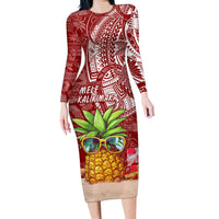 Mele Kalikimaka Hawaii Christmas Family Matching Long Sleeve Bodycon Dress and Hawaiian Shirt Pineapple Party LT7 Mom's Dress Red - Polynesian Pride