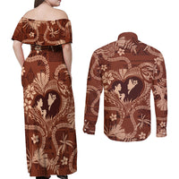 Hawaii Plumeria Couples Matching Off Shoulder Maxi Dress and Long Sleeve Button Shirt Hau'oli la Makuahine Sunburned LT7 - Polynesian Pride