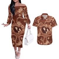 Hawaii Plumeria Couples Matching Off The Shoulder Long Sleeve Dress and Hawaiian Shirt Hau'oli la Makuahine Sunburned LT7 Brown - Polynesian Pride