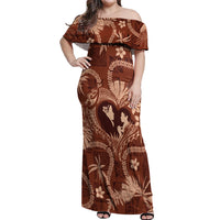Hawaii Plumeria Off Shoulder Maxi Dress Hau'oli la Makuahine Sunburned LT7 Women Brown - Polynesian Pride