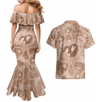 Hawaii Plumeria Couples Matching Mermaid Dress and Hawaiian Shirt Hau'oli la Makuahine Beige LT7 - Polynesian Pride