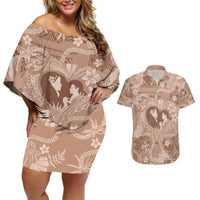 Hawaii Plumeria Couples Matching Off Shoulder Short Dress and Hawaiian Shirt Hau'oli la Makuahine Beige LT7 Beige - Polynesian Pride