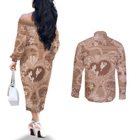 Hawaii Plumeria Couples Matching Off The Shoulder Long Sleeve Dress and Long Sleeve Button Shirt Hau'oli la Makuahine Beige LT7 - Polynesian Pride