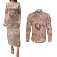 Hawaii Plumeria Couples Matching Puletasi and Long Sleeve Button Shirt Hau'oli la Makuahine Beige LT7 Beige - Polynesian Pride