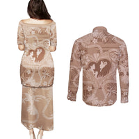 Hawaii Plumeria Couples Matching Puletasi and Long Sleeve Button Shirt Hau'oli la Makuahine Beige LT7 - Polynesian Pride