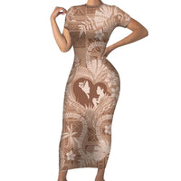 Hawaii Plumeria Short Sleeve Bodycon Dress Hau'oli la Makuahine Beige LT7 Long Dress Beige - Polynesian Pride