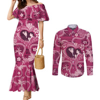 Hawaii Plumeria Couples Matching Mermaid Dress and Long Sleeve Button Shirt Hau'oli la Makuahine Rosy LT7 Pink - Polynesian Pride