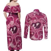 Hawaii Plumeria Couples Matching Off Shoulder Maxi Dress and Long Sleeve Button Shirt Hau'oli la Makuahine Rosy LT7 - Polynesian Pride