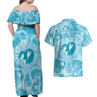 Hawaii Plumeria Couples Matching Off Shoulder Maxi Dress and Hawaiian Shirt Hau'oli la Makuahine Turquoise LT7 - Polynesian Pride
