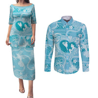 Hawaii Plumeria Couples Matching Puletasi and Long Sleeve Button Shirt Hau'oli la Makuahine Turquoise LT7 Turquoise - Polynesian Pride