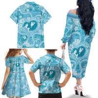 Hawaii Plumeria Family Matching Off The Shoulder Long Sleeve Dress and Hawaiian Shirt Hau'oli la Makuahine Turquoise LT7 - Polynesian Pride