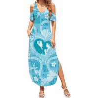 Hawaii Plumeria Family Matching Summer Maxi Dress and Hawaiian Shirt Hau'oli la Makuahine Turquoise LT7 Mom's Dress Turquoise - Polynesian Pride