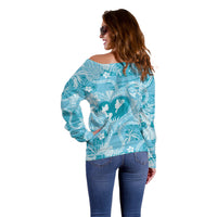 Hawaii Plumeria Off Shoulder Sweater Hau'oli la Makuahine Turquoise LT7 - Polynesian Pride
