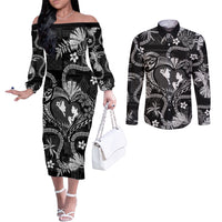 Hawaii Plumeria Couples Matching Off The Shoulder Long Sleeve Dress and Long Sleeve Button Shirt Hau'oli la Makuahine Monochrome LT7 Black - Polynesian Pride