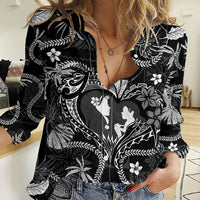 Hawaii Plumeria Women Casual Shirt Hau'oli la Makuahine Monochrome LT7 Female Black - Polynesian Pride