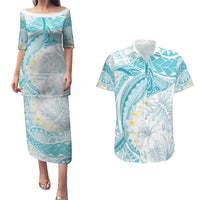 Polynesia Humpback Whale Couples Matching Puletasi and Hawaiian Shirt Tropical Plumeria Turquoise LT7 Turquoise - Polynesian Pride