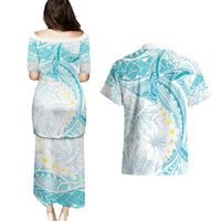 Polynesia Humpback Whale Couples Matching Puletasi and Hawaiian Shirt Tropical Plumeria Turquoise LT7 - Polynesian Pride