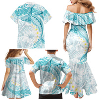 Polynesia Humpback Whale Family Matching Mermaid Dress and Hawaiian Shirt Tropical Plumeria Turquoise