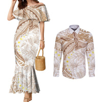 Polynesia Humpback Whale Couples Matching Mermaid Dress and Long Sleeve Button Shirt Tropical Plumeria Beige