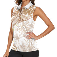 Polynesia Humpback Whale Women Sleeveless Polo Shirt Tropical Plumeria Beige
