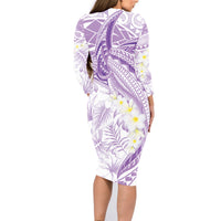 Polynesia Humpback Whale Family Matching Long Sleeve Bodycon Dress and Hawaiian Shirt Tropical Plumeria Lavender