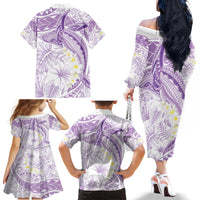 Polynesia Humpback Whale Family Matching Off The Shoulder Long Sleeve Dress and Hawaiian Shirt Tropical Plumeria Lavender